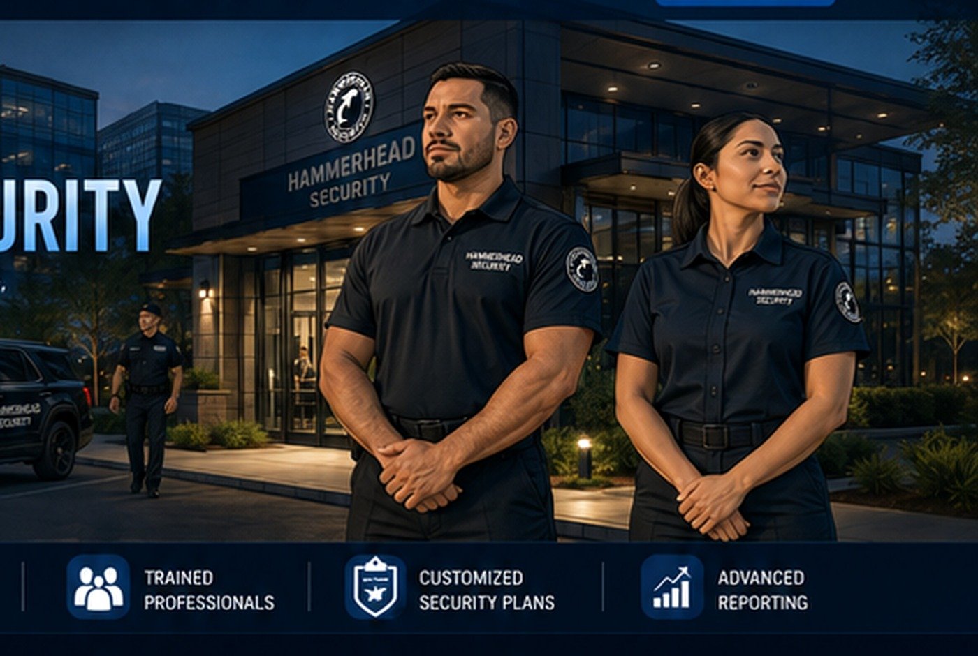 Illustrated Hammerhead Security unarmed officers outside a professional property