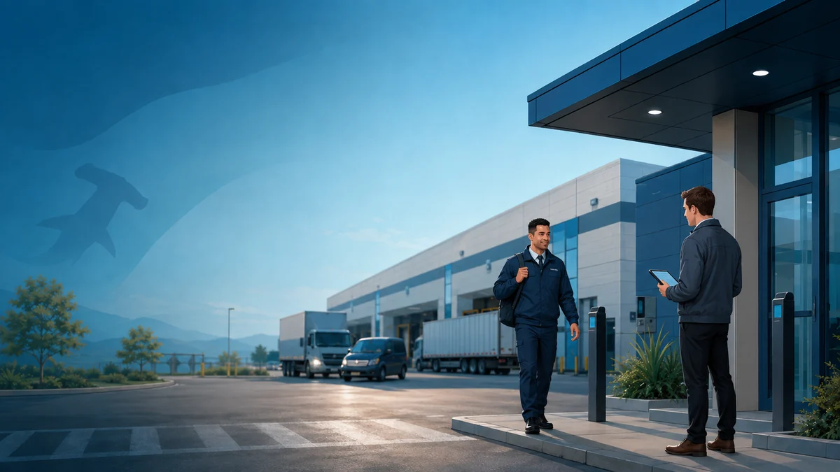 Professional unarmed security officer arriving at a commercial site while a supervisor coordinates standby coverage on a tablet