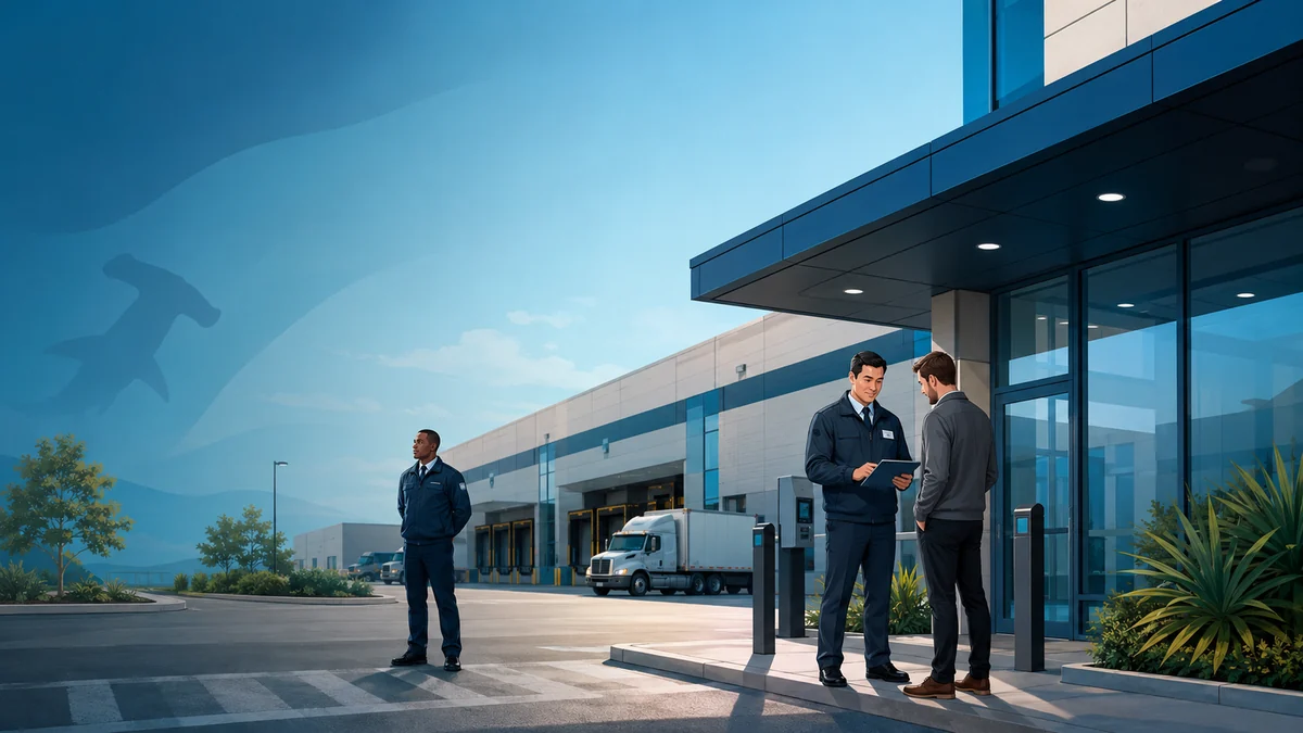 Professional unarmed security officers providing access control and site coverage at a modern commercial logistics facility