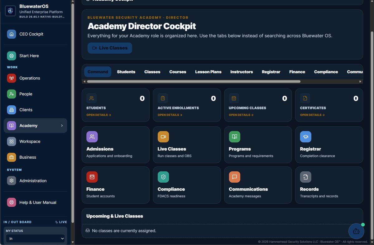 BluewaterOS Academy Director Cockpit for Bluewater Security Academy