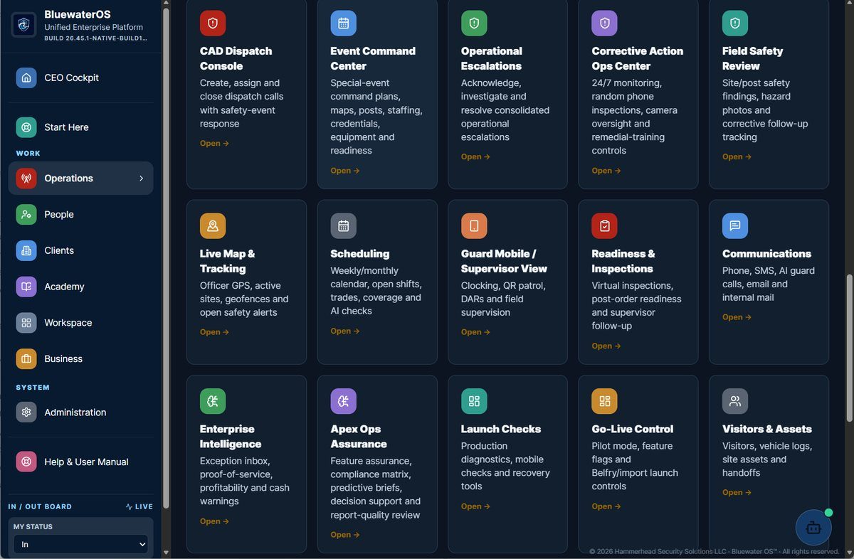 BluewaterOS operations hub with dispatch, scheduling, safety, and readiness tools